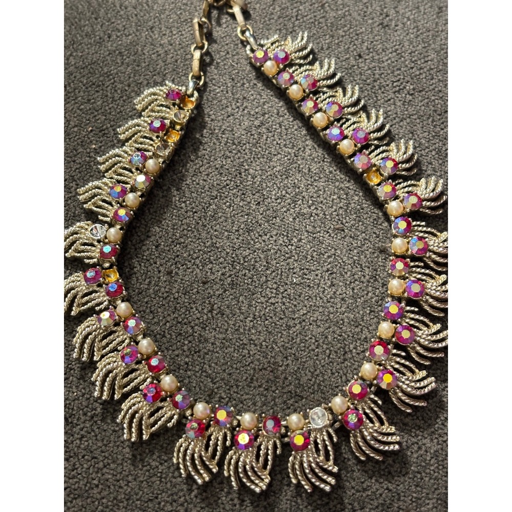 Vintage AB Rhinestone Faux Pearl‎ Gold Tone Fringe Collar Necklace Adjustable